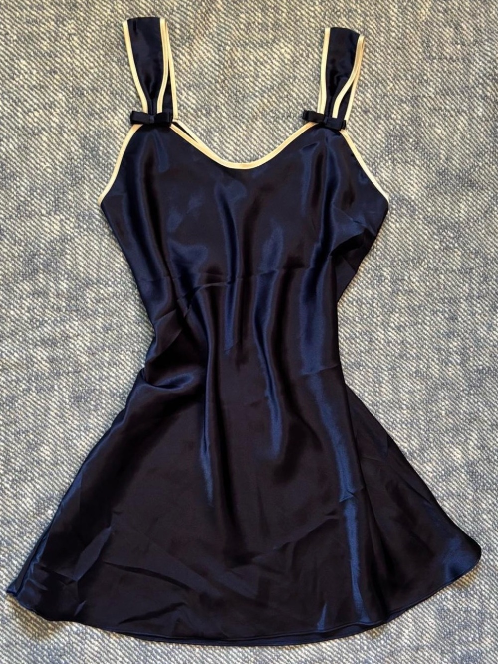 Vintage Jones of New York navy slip dress with cream trim and bows on the straps